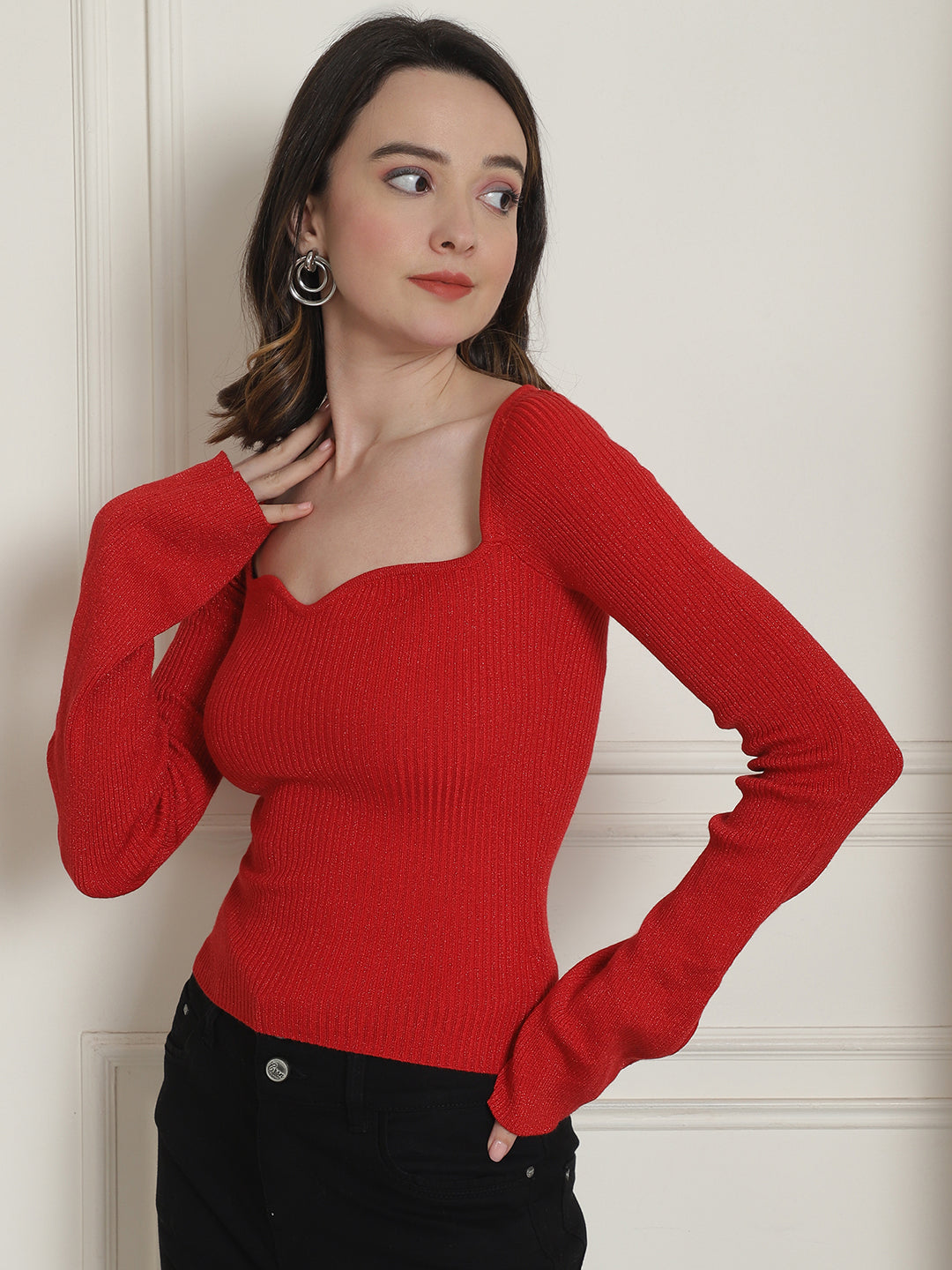 Acrylic Sexy Sweetheart Neck Ribbed Knit Red Top