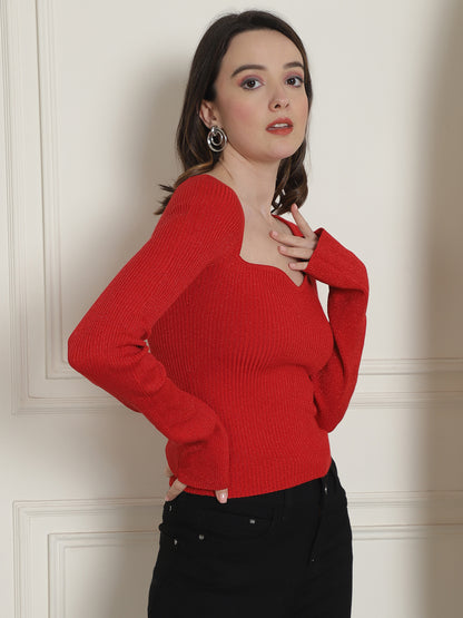 Acrylic Sexy Sweetheart Neck Ribbed Knit Red Top