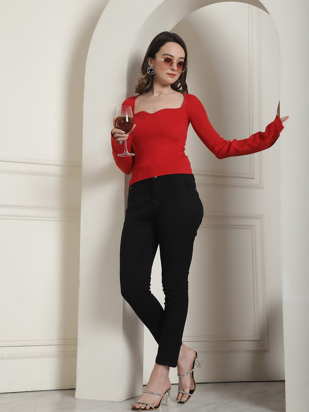Acrylic Sexy Sweetheart Neck Ribbed Knit Red Top