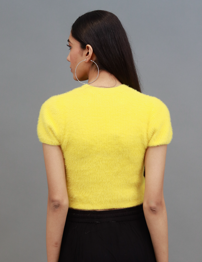 Polyamide Furr with Round Studded Neck and Short Sleeve Green Party Crop Top