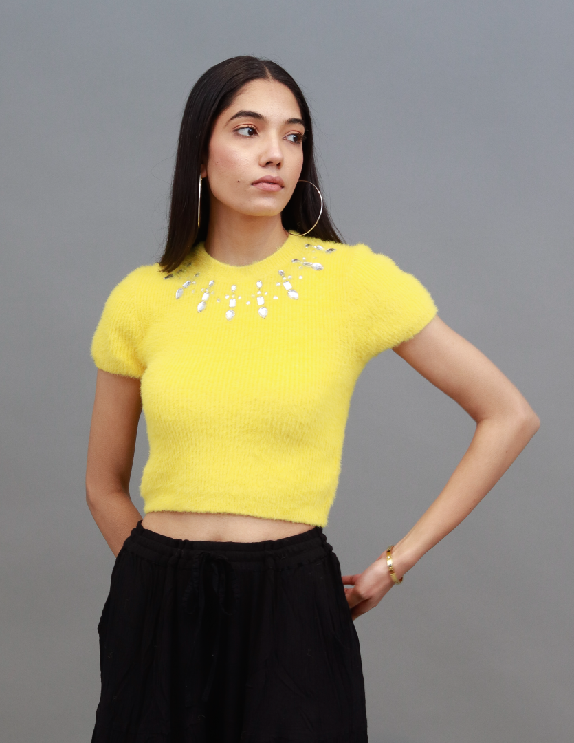 Polyamide Furr with Round Studded Neck and Short Sleeve Green Party Crop Top