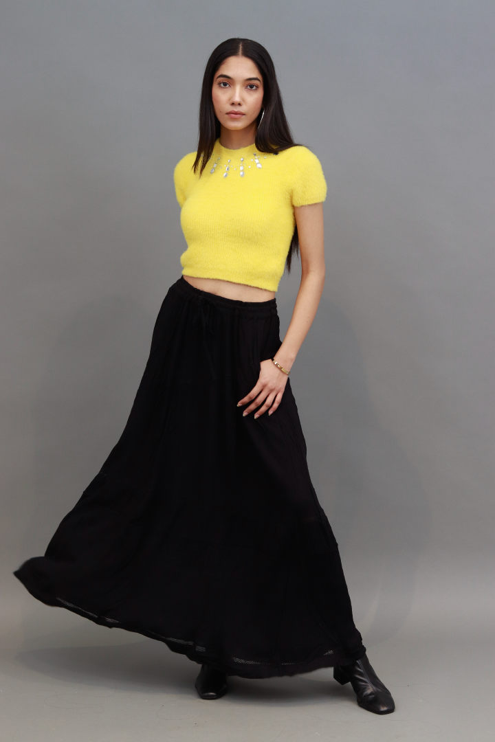 Polyamide Furr with Round Studded Neck and Short Sleeve Green Party Crop Top