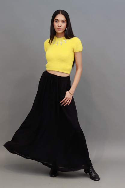 Polyamide Furr with Round Studded Neck and Short Sleeve Green Party Crop Top