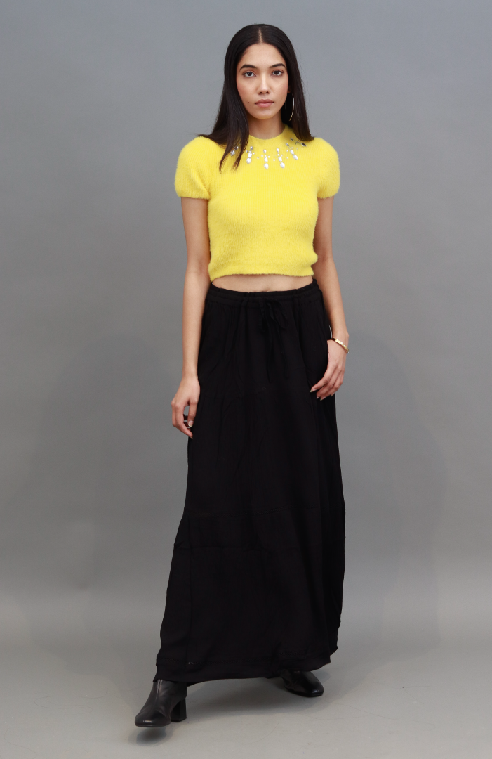 Polyamide Furr with Round Studded Neck and Short Sleeve Green Party Crop Top