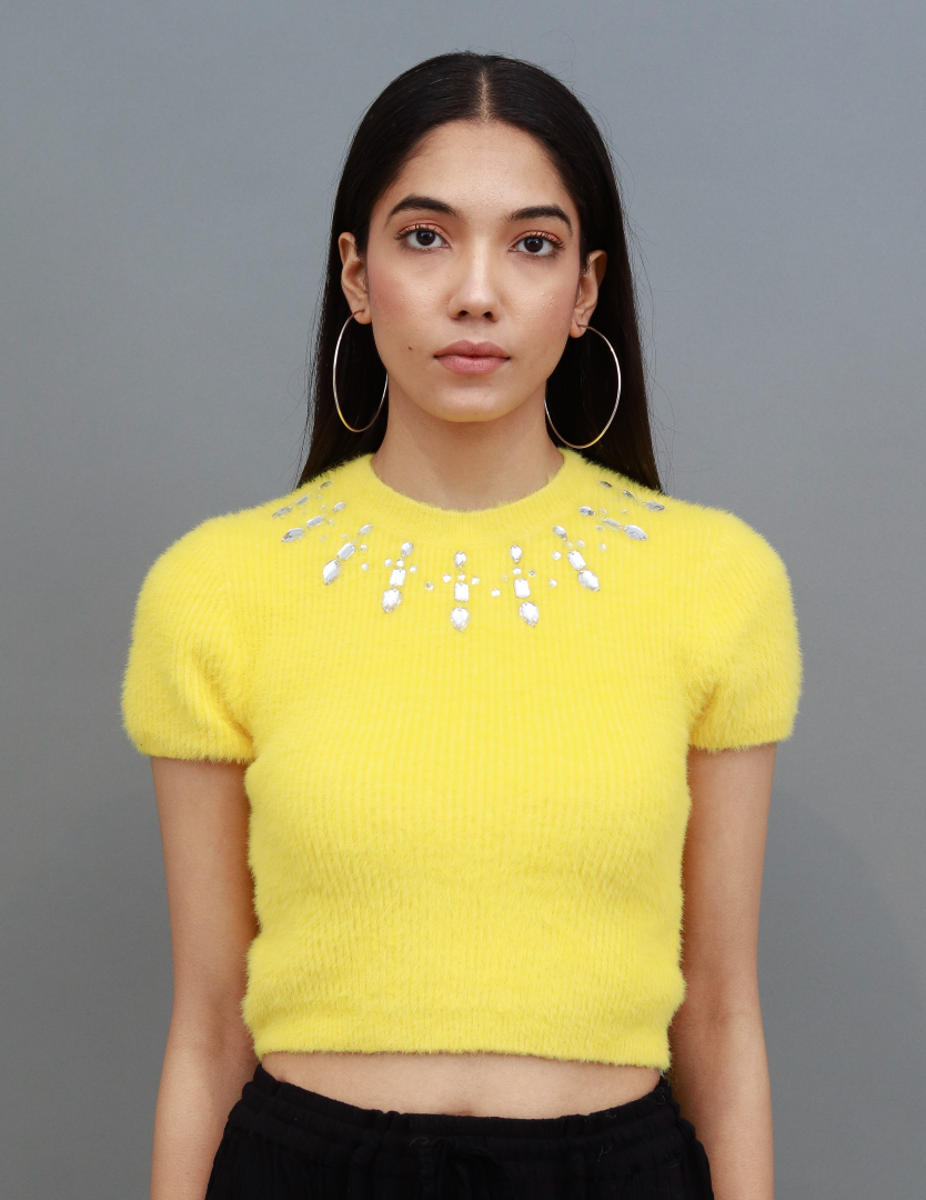 Polyamide Furr with Round Studded Neck and Short Sleeve Green Party Crop Top
