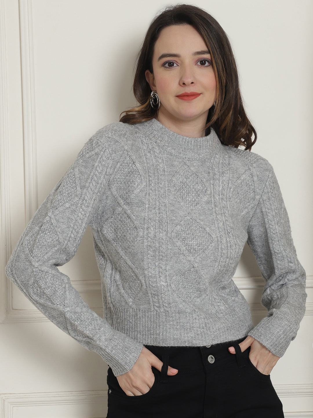 Viscose Round Neck Full Sleeve Grey Sweater