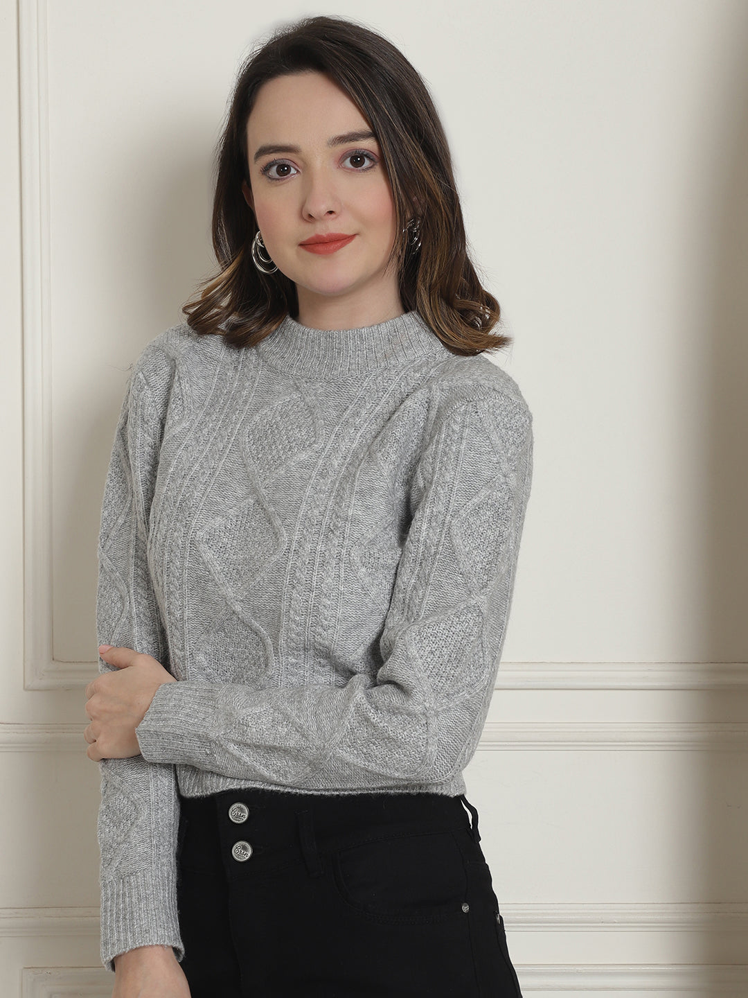 Viscose Round Neck Full Sleeve Grey Sweater