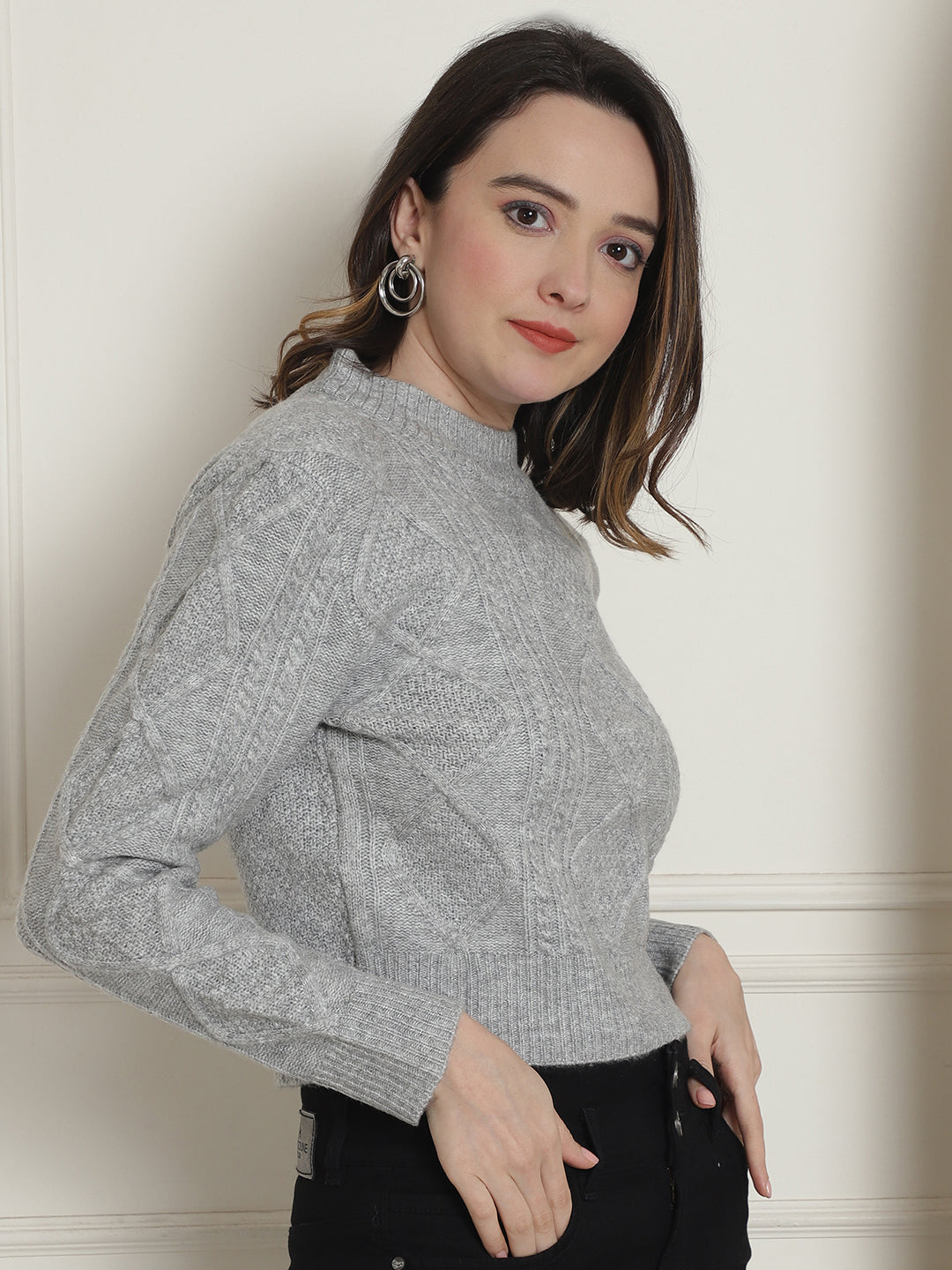 Viscose Round Neck Full Sleeve Grey Sweater