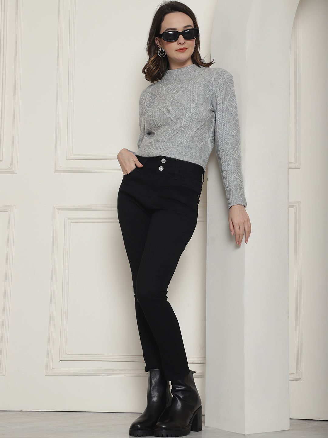 Viscose Round Neck Full Sleeve Grey Sweater
