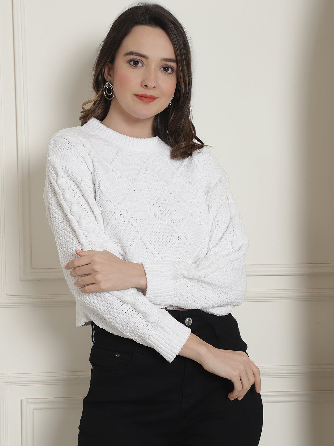Viscose Round Neck Full Sleeve White Sweater