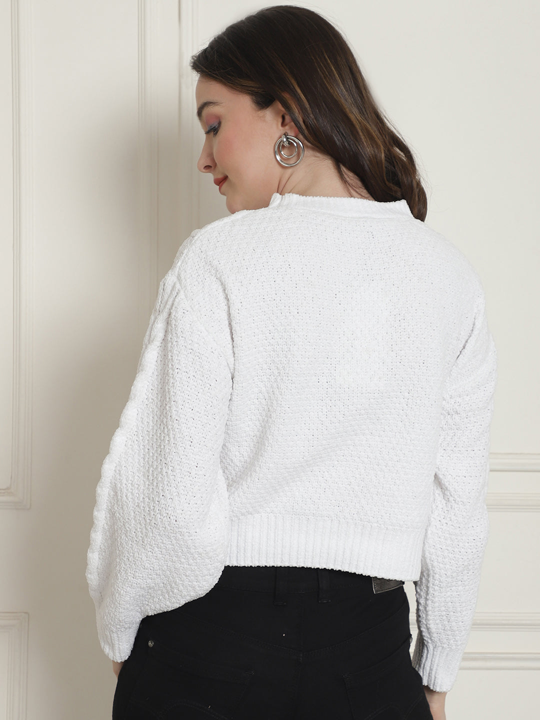 Viscose Round Neck Full Sleeve White Sweater