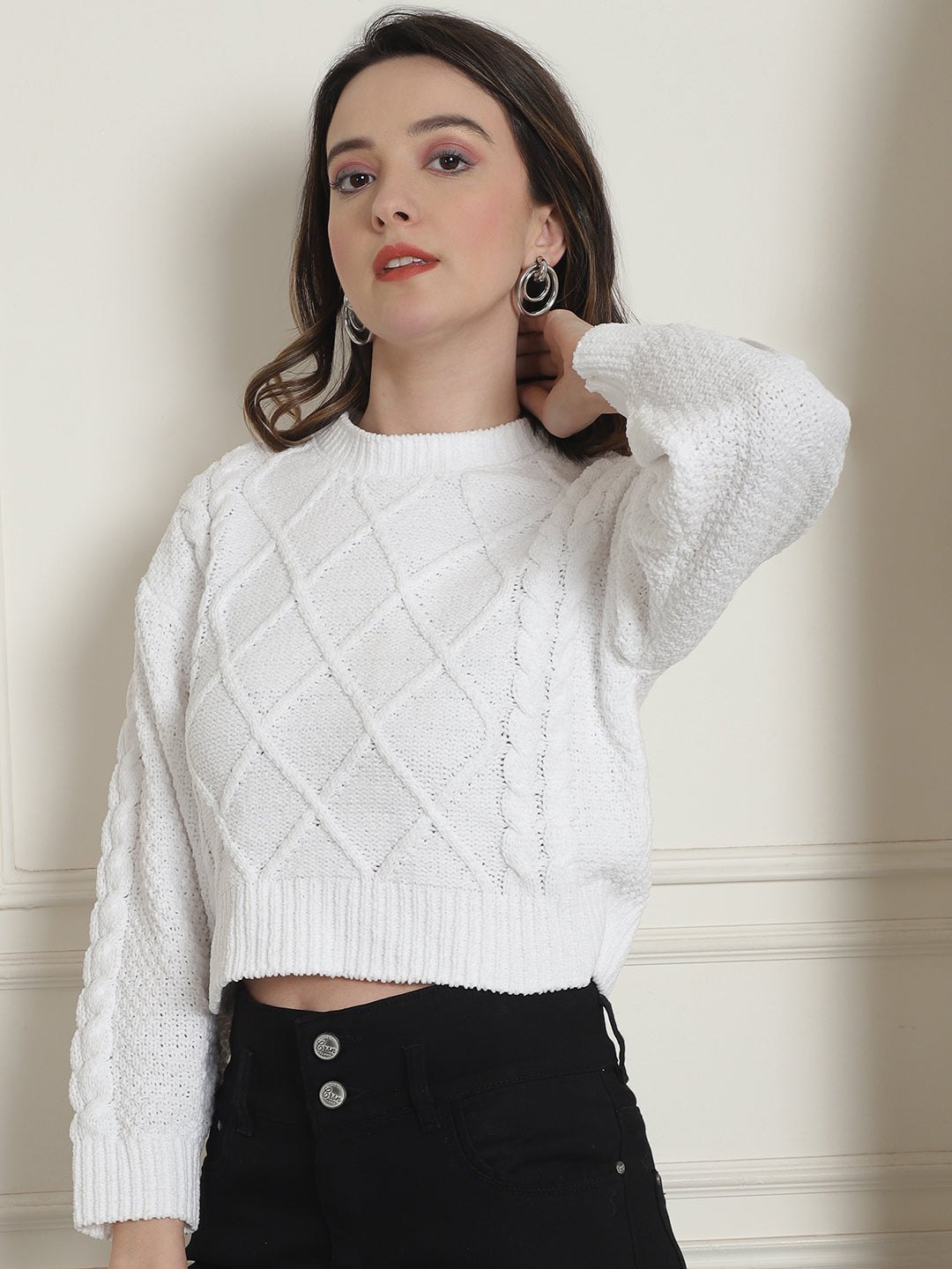 Viscose Round Neck Full Sleeve White Sweater