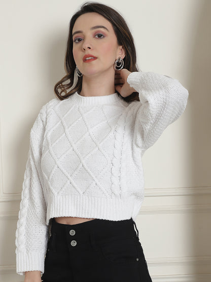 Viscose Round Neck Full Sleeve White Sweater