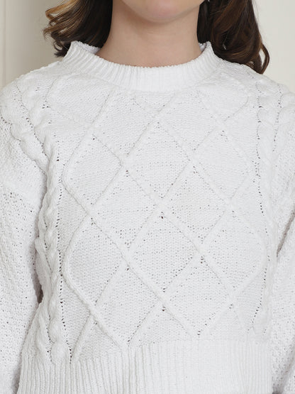 Viscose Round Neck Full Sleeve White Sweater