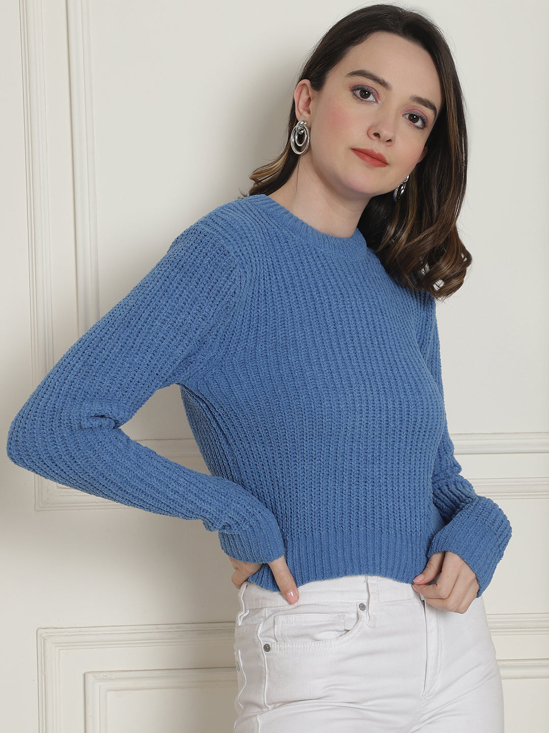 Viscose Round Neck Long Sleeve Blue Sweater