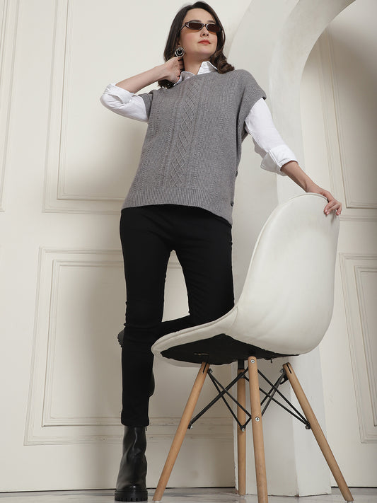 Acrylic Sleeveless V-Neck Knitted Grey Vest Sweater