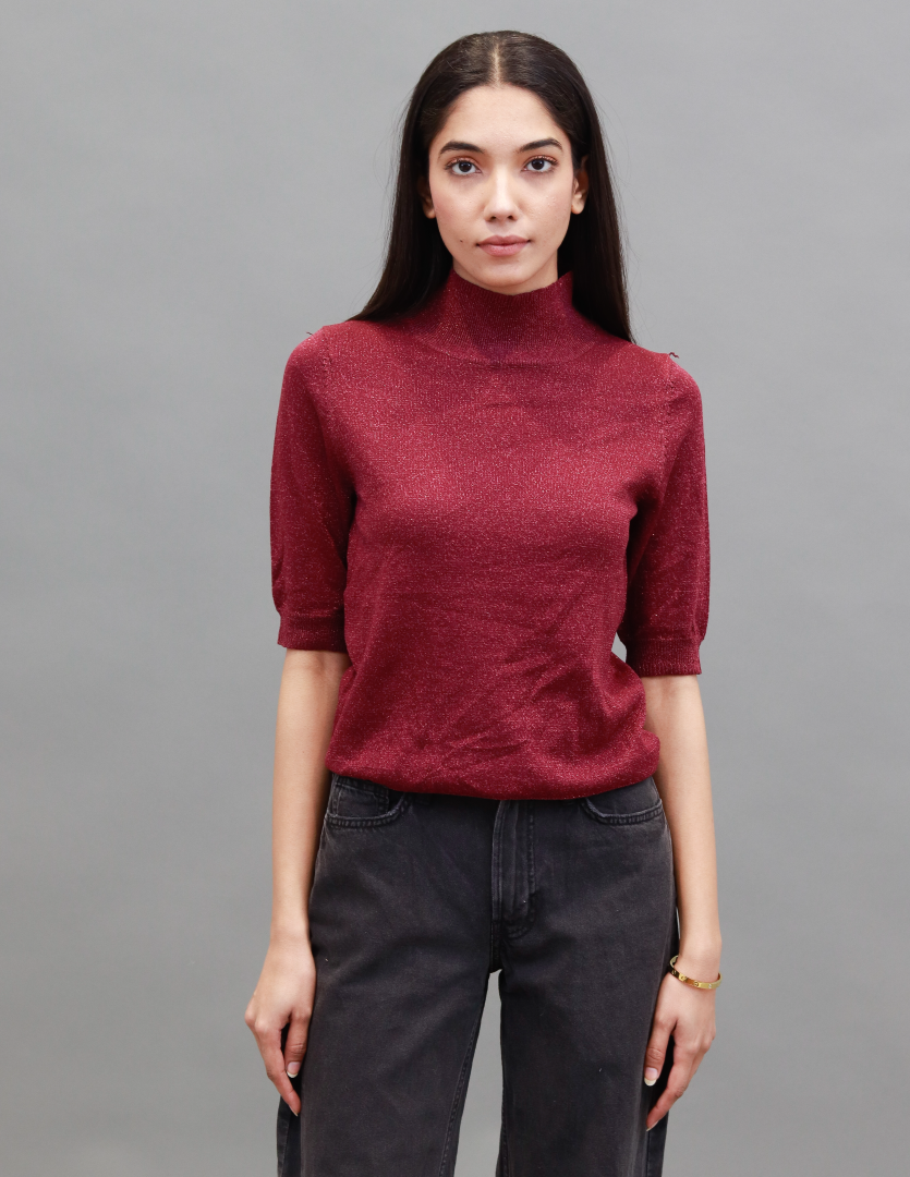 Viscose High-Neck with Elbow Sleeve Wine Top