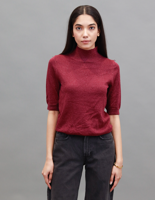 Viscose High-Neck with Elbow Sleeve Wine Top