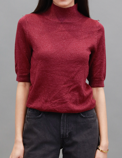 Viscose High-Neck with Elbow Sleeve Wine Top