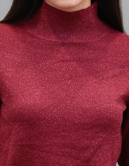 Viscose High-Neck with Elbow Sleeve Wine Top