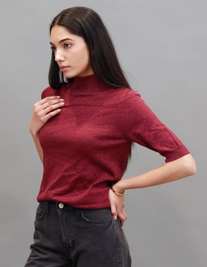 Viscose High-Neck with Elbow Sleeve Wine Top