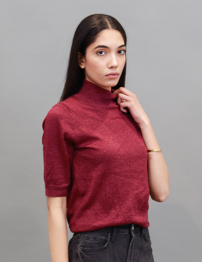 Viscose High-Neck with Elbow Sleeve Wine Top