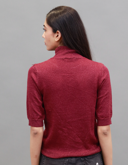 Viscose High-Neck with Elbow Sleeve Wine Top