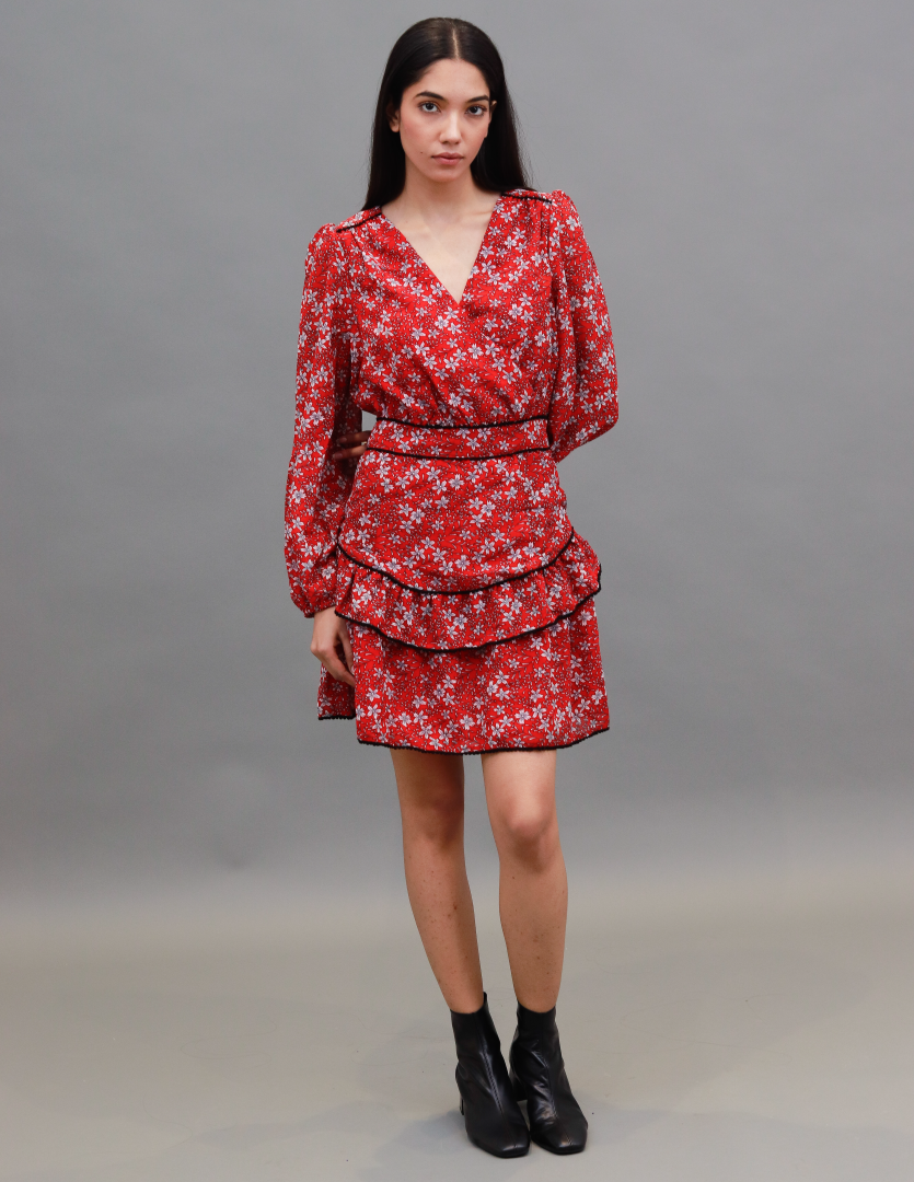 Polyester Fit and Flare Floral Print with V-Neck Red Dress