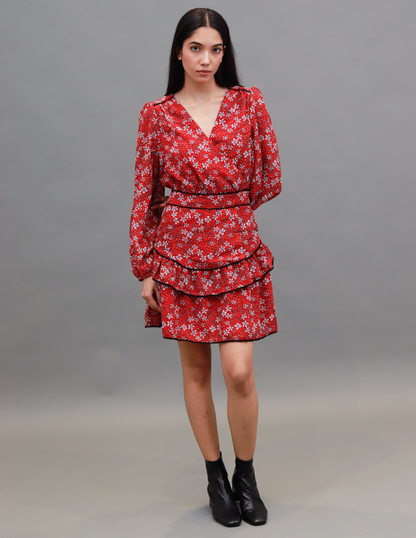 Polyester Fit and Flare Floral Print with V-Neck Red Dress