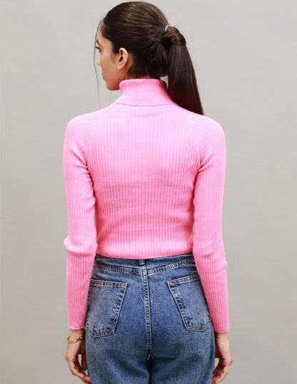 Viscose Full Sleeve with High-Neck Ribbed Pink Pullover Sweater