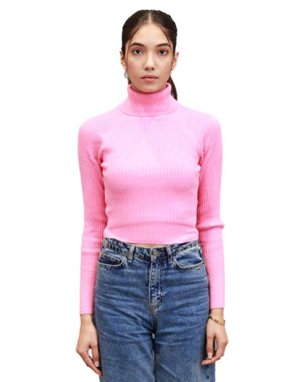 Viscose Full Sleeve with High-Neck Ribbed Pink Pullover Sweater