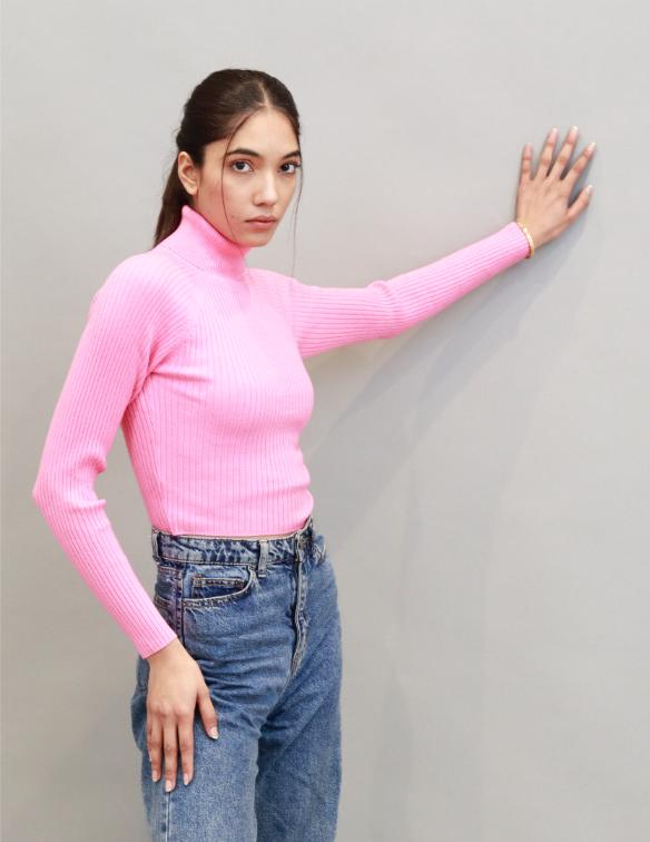 Viscose Full Sleeve with High-Neck Ribbed Pink Pullover Sweater