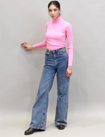 Viscose Full Sleeve with High-Neck Ribbed Pink Pullover Sweater