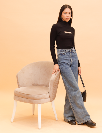 Viscose Chest Cut out Ribbed Turtle Neck Crop Beige Top 