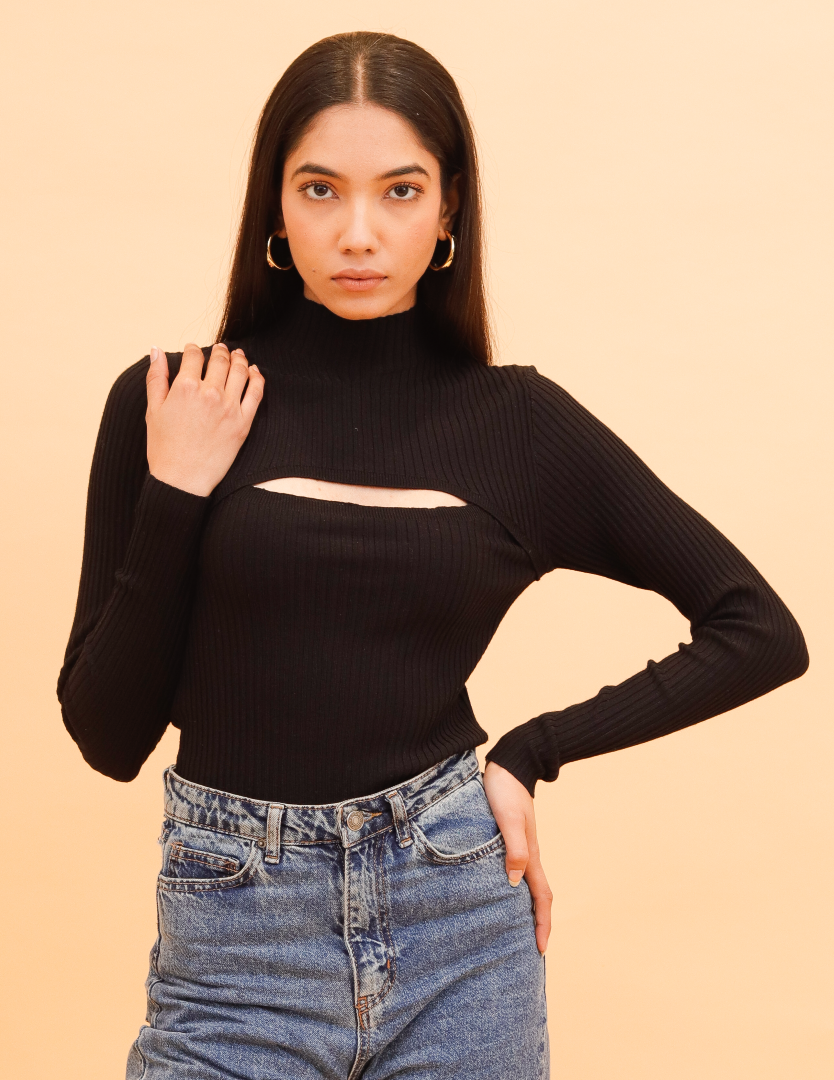 Viscose Chest Cut out Ribbed Turtle Neck Crop Beige Top 
