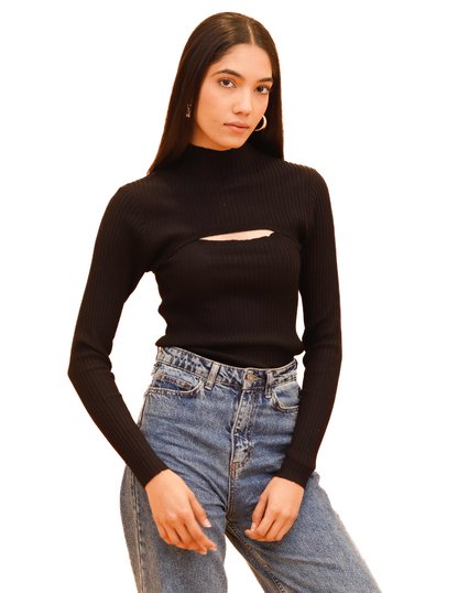 Viscose Chest Cut out Ribbed Turtle Neck Crop Beige Top 