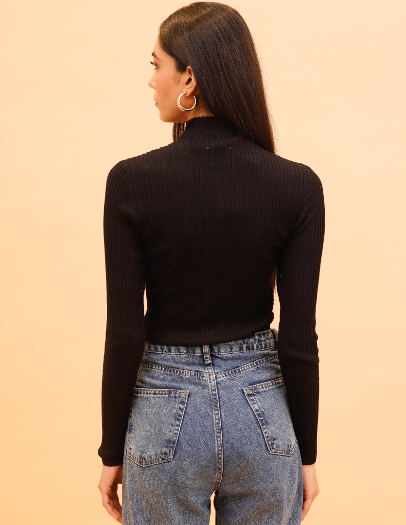 Viscose Chest Cut out Ribbed Turtle Neck Crop Beige Top 