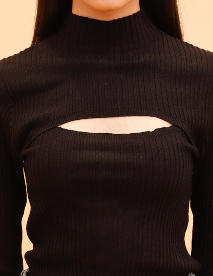 Viscose Chest Cut out Ribbed Turtle Neck Crop Beige Top 
