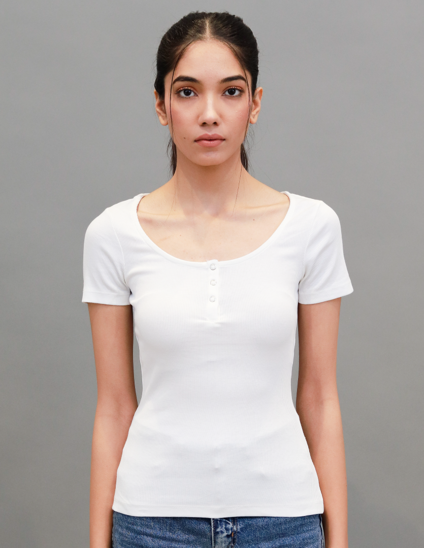 Cotton Solid Henley-Neck Ribbed White T-shirt Top