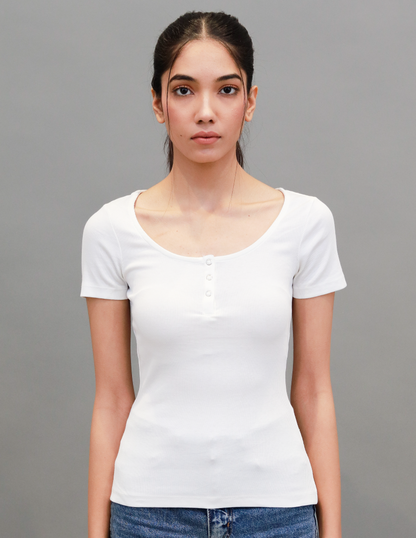 Cotton Solid Henley-Neck Ribbed White T-shirt Top