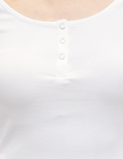 Cotton Solid Henley-Neck Ribbed White T-shirt Top