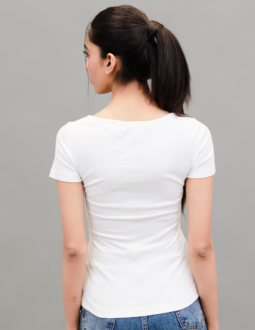 Cotton Solid Henley-Neck Ribbed White T-shirt Top
