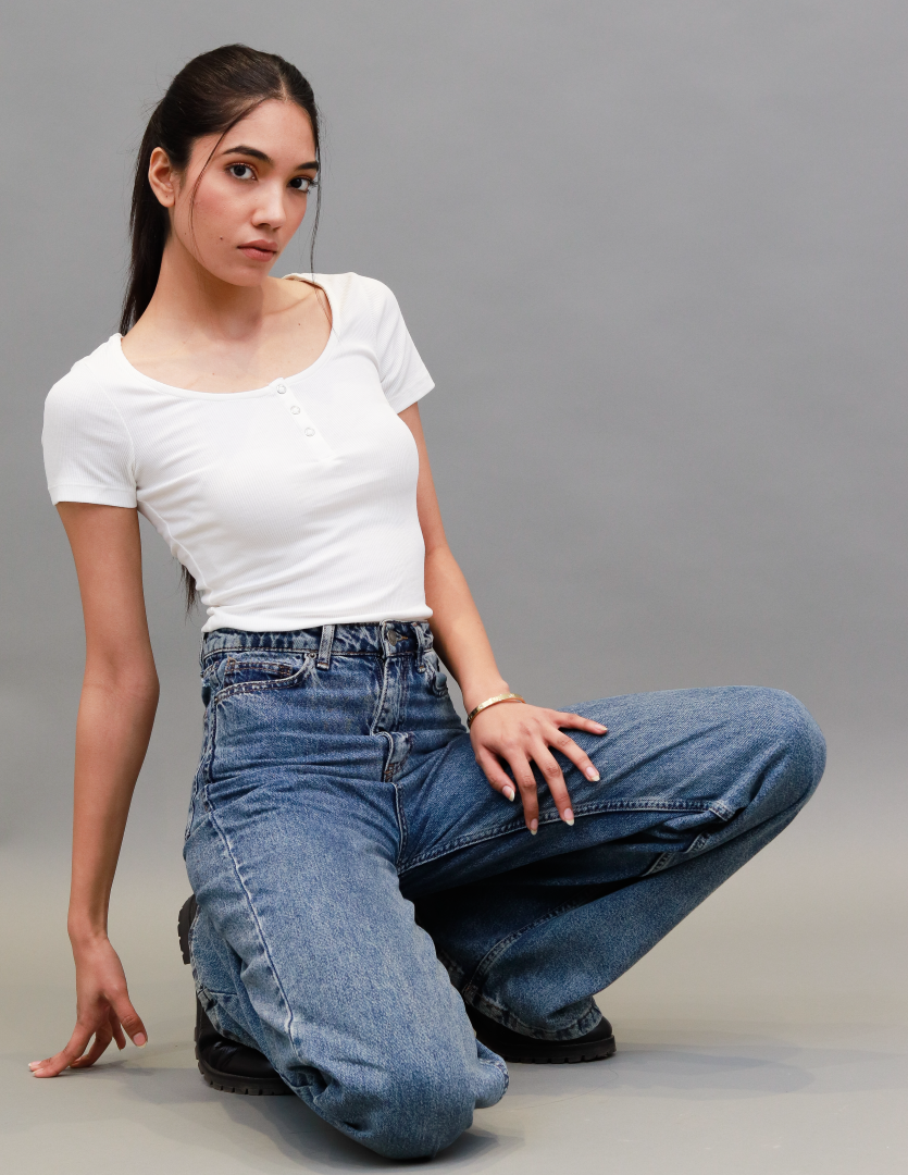 Cotton Solid Henley-Neck Ribbed White T-shirt Top