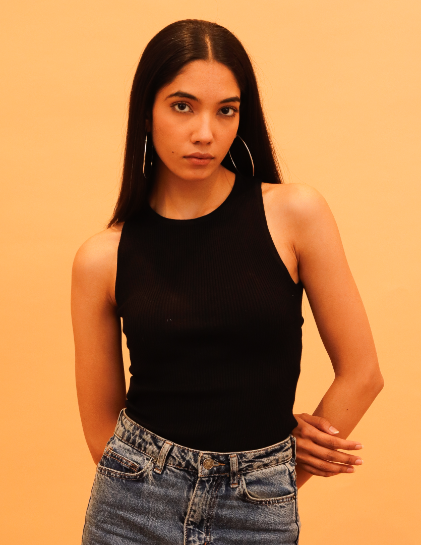 Viscose Round Neck Sleeveless Crop Black Tank Top