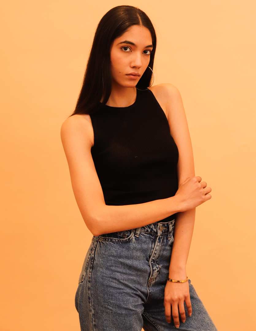 Viscose Round Neck Sleeveless Crop Black Tank Top