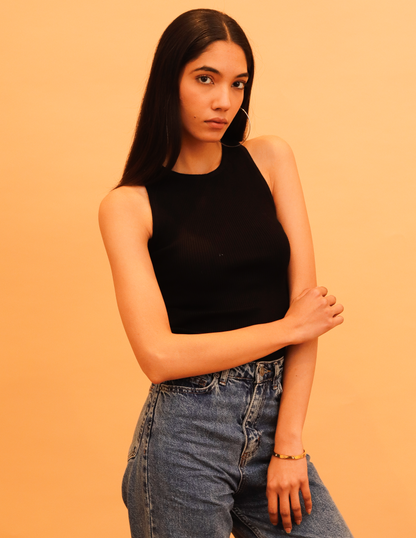 Viscose Round Neck Sleeveless Crop Black Tank Top