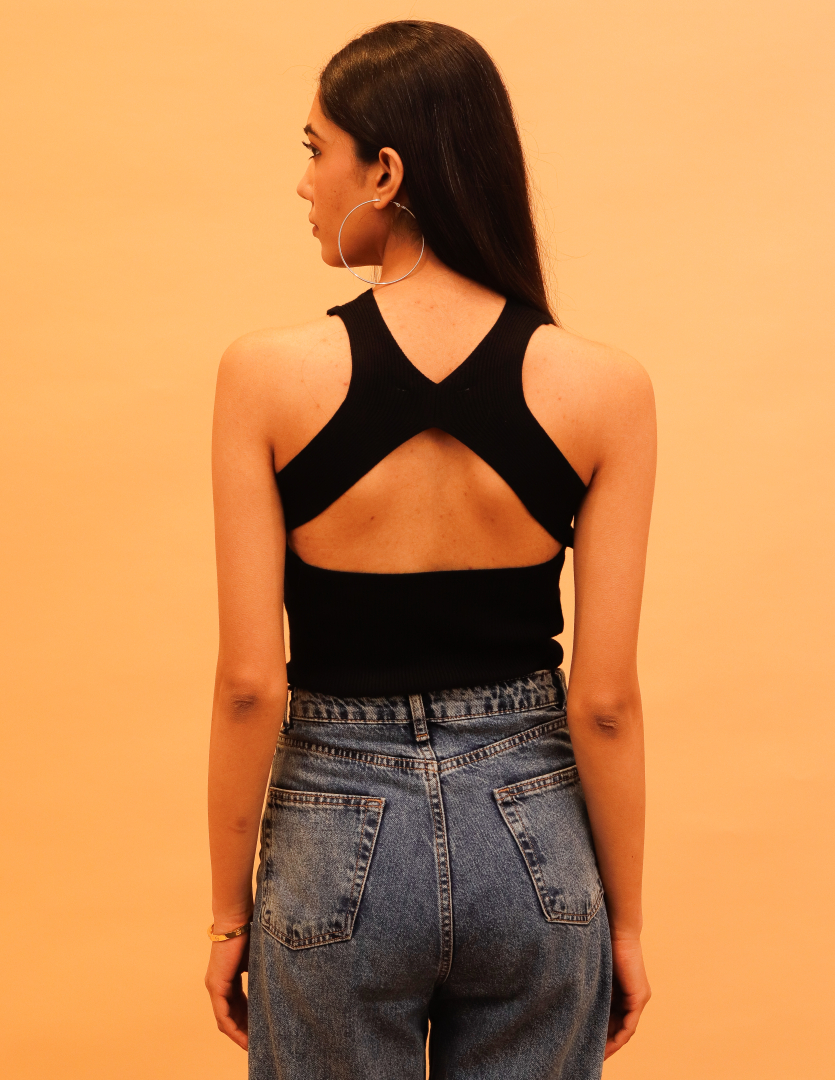 Viscose Round Neck Sleeveless Crop Black Tank Top