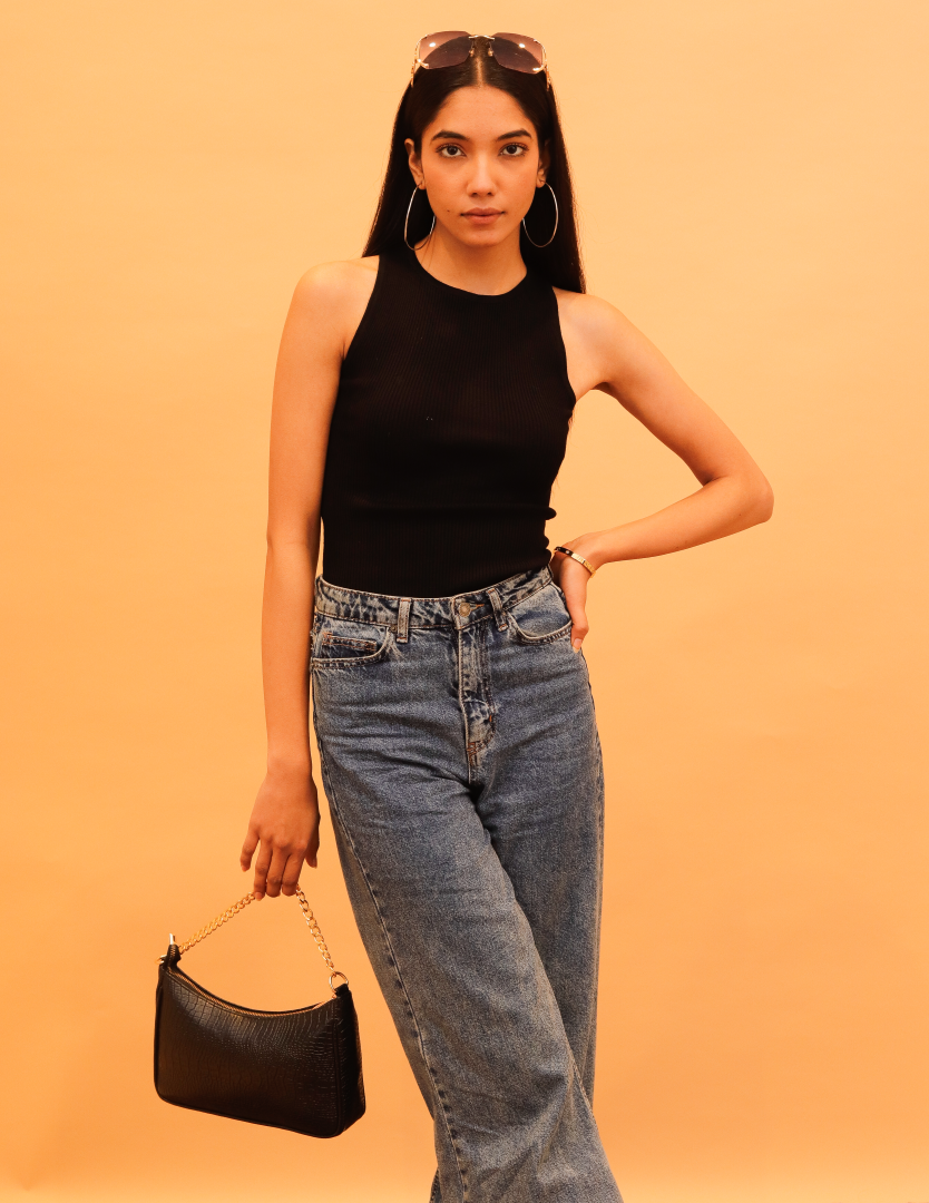 Viscose Round Neck Sleeveless Crop Black Tank Top
