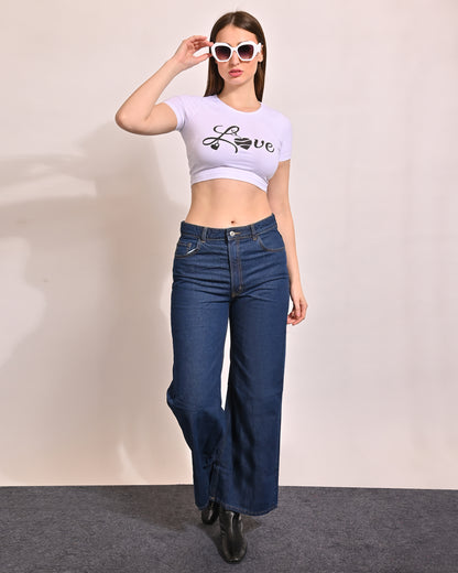 Elastane Round Neck with Half Sleeve White Crop Top
