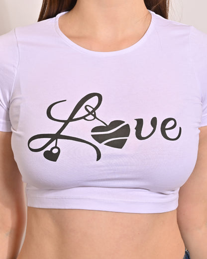 Elastane Round Neck with Half Sleeve White Crop Top